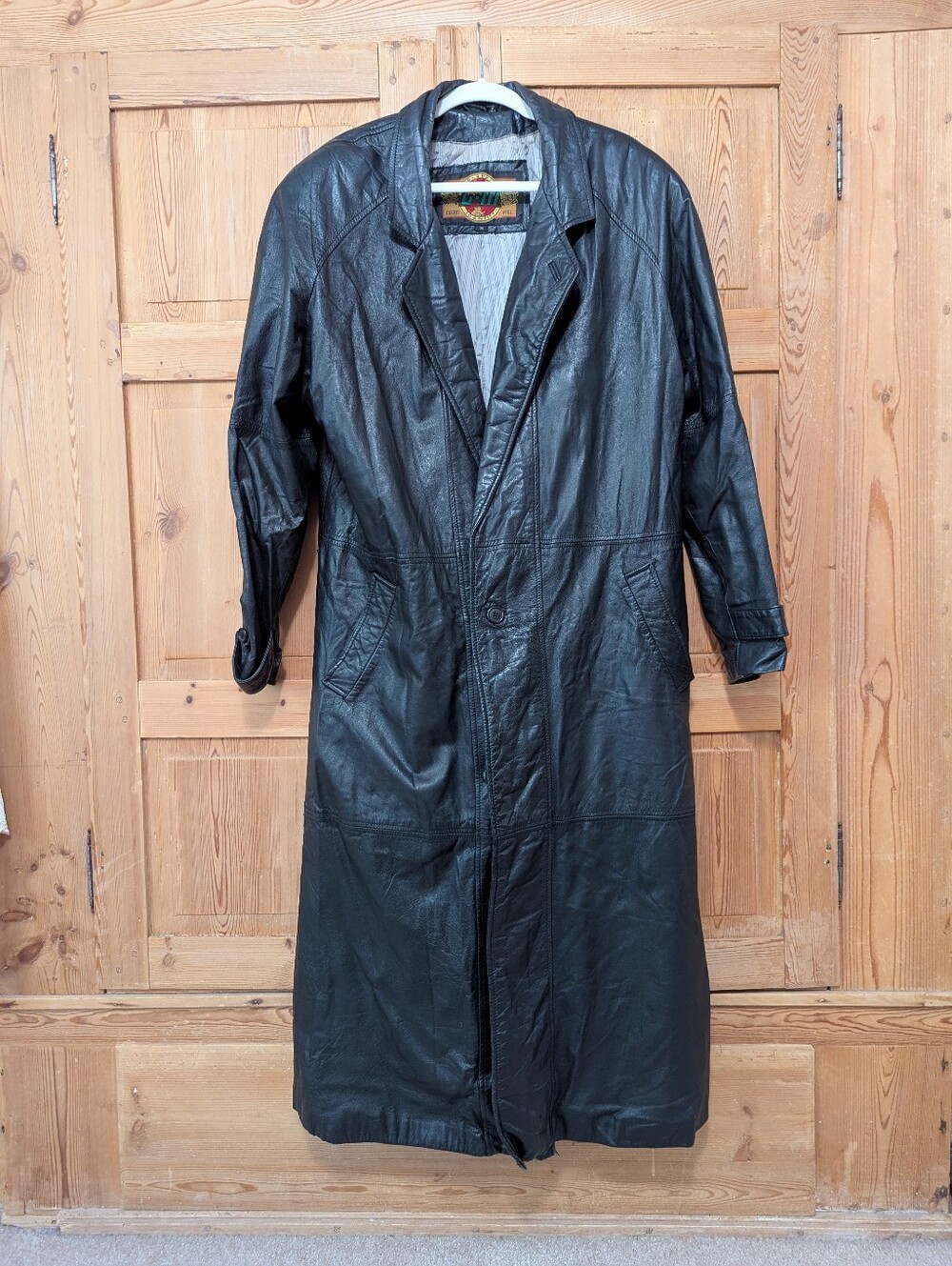Vintage Global Identity G-III Black Leather Trench Coat Duster Jacket Costume